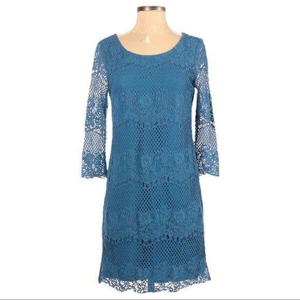 Ella Moss Anthropologie Lace Crochet Boho Romantic Cornflower Blue Dress Size S